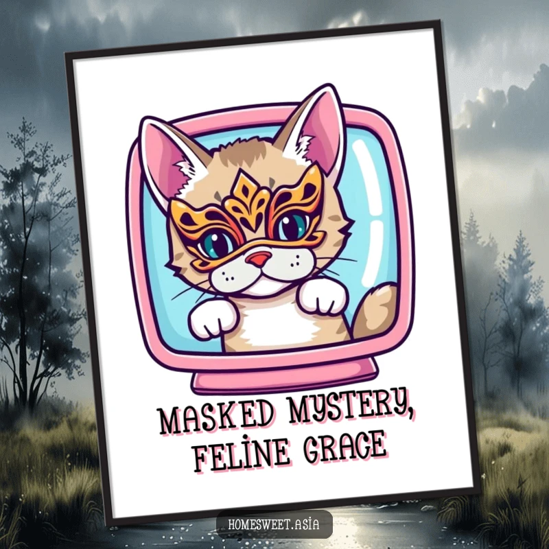 Funny Free Printable Wall Art: A cat in a small ornate mask peeking mysteriously from behind a vibrant screen.