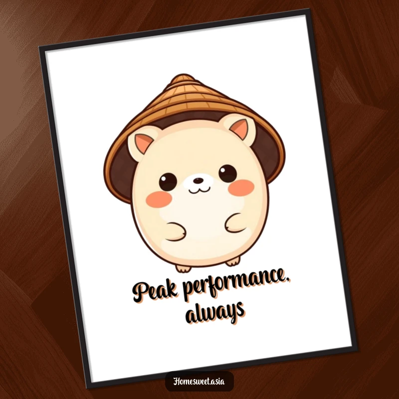 Funny Free Printable Wall Art: A charming, round animal character wearing a traditional conical hat, exuding grace and humor.