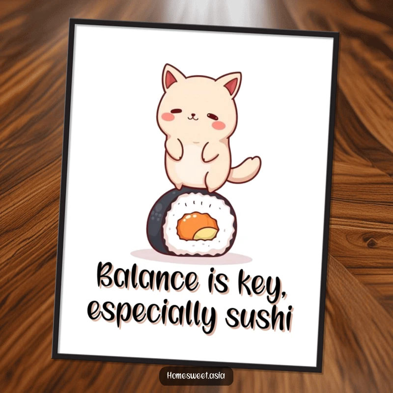 Funny Free Printable Wall Art: Whimsical round animal masterfully balancing on a large sushi roll, adding humor to decor.