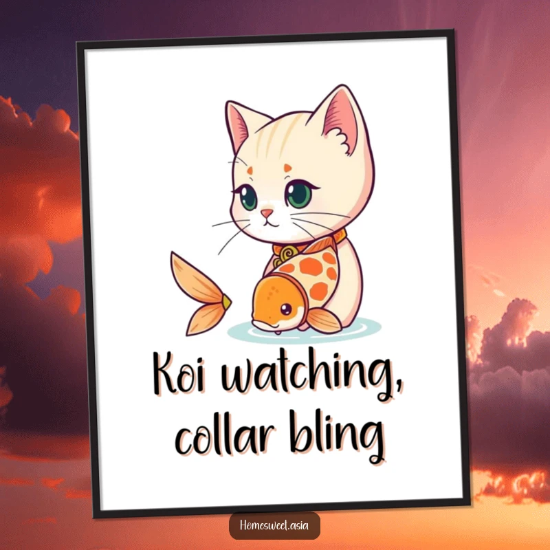 Funny Free Printable Wall Art: A cat wearing a decorative collar intently observes a playful koi fish swimming.