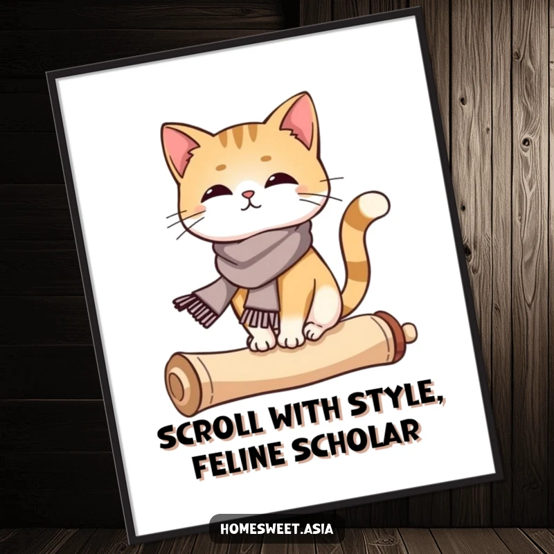 Funny Free Printable Wall Art: A cat wearing a miniature silk scarf balancing expertly on a curled scroll.