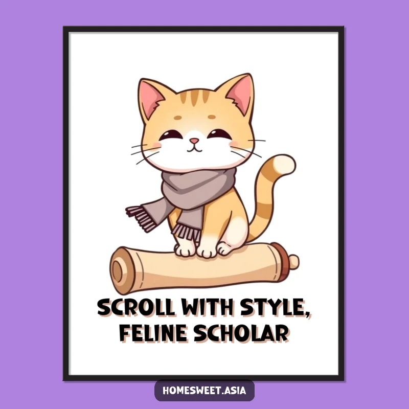 Free Printable Cat Art: Scarfed Scroll Balance Downloadable Elegance