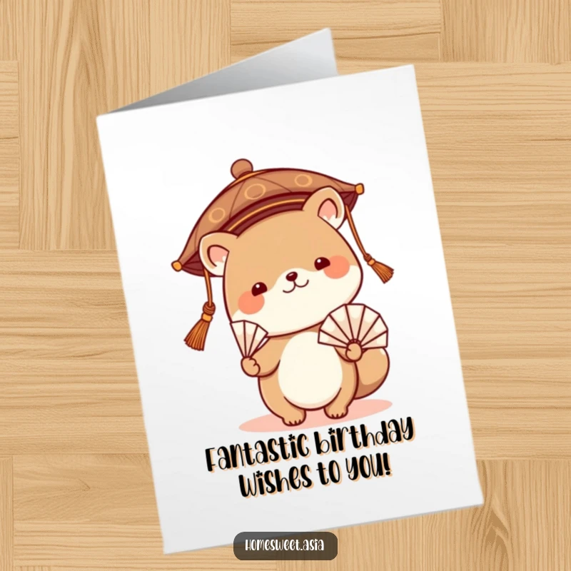 Funny Free Printable Birthday Card featuring a cute animal in an Asian hat waving a fan with joy.