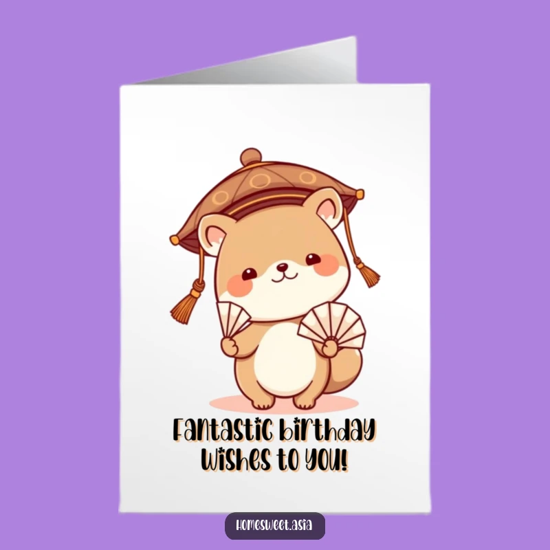 Funny Free Printable Birthday Card: Cute Asian Hat Animal Fan Waving Downloadable Gift