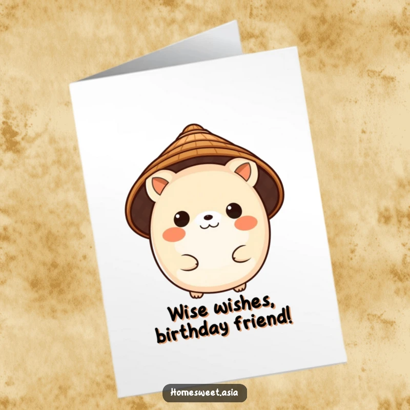 Funny Free Printable Birthday Card: A charming, round animal character wearing a traditional conical hat, looking distinguished.