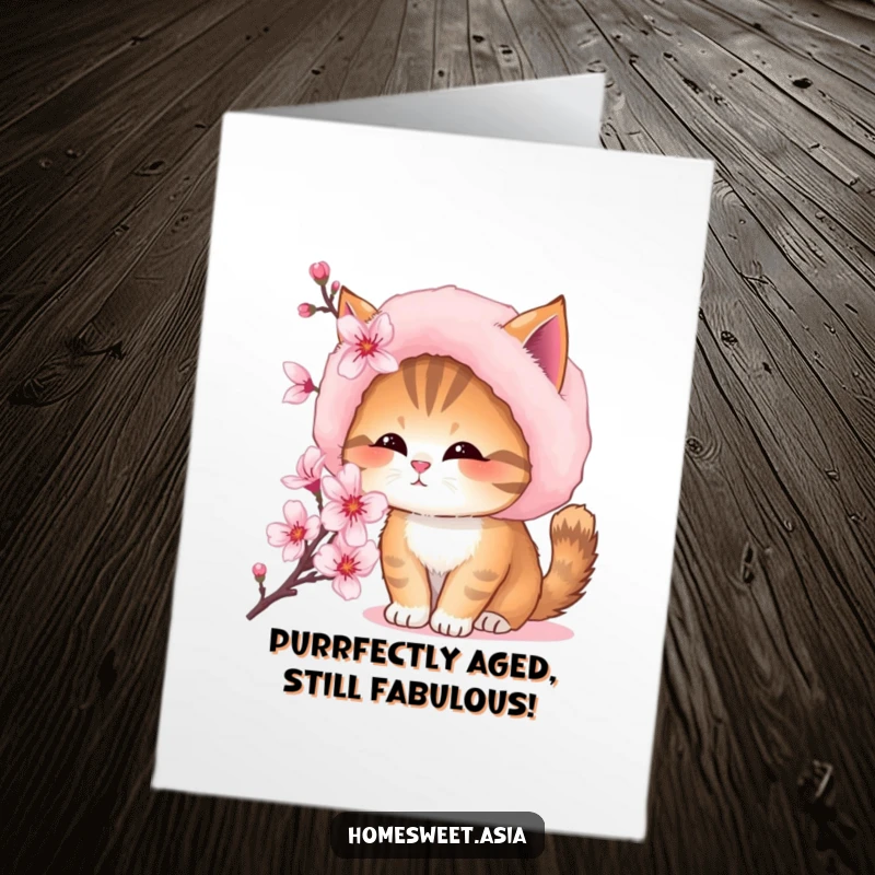 Funny Free Printable Birthday Card: Cat in fluffy hat sniffing cherry blossom, cute and whimsical downloadable greeting.