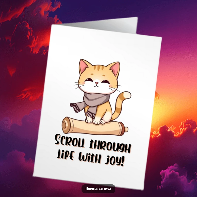 Funny Free Printable Birthday Card: A cat in a silk scarf elegantly balancing on a curled scroll.