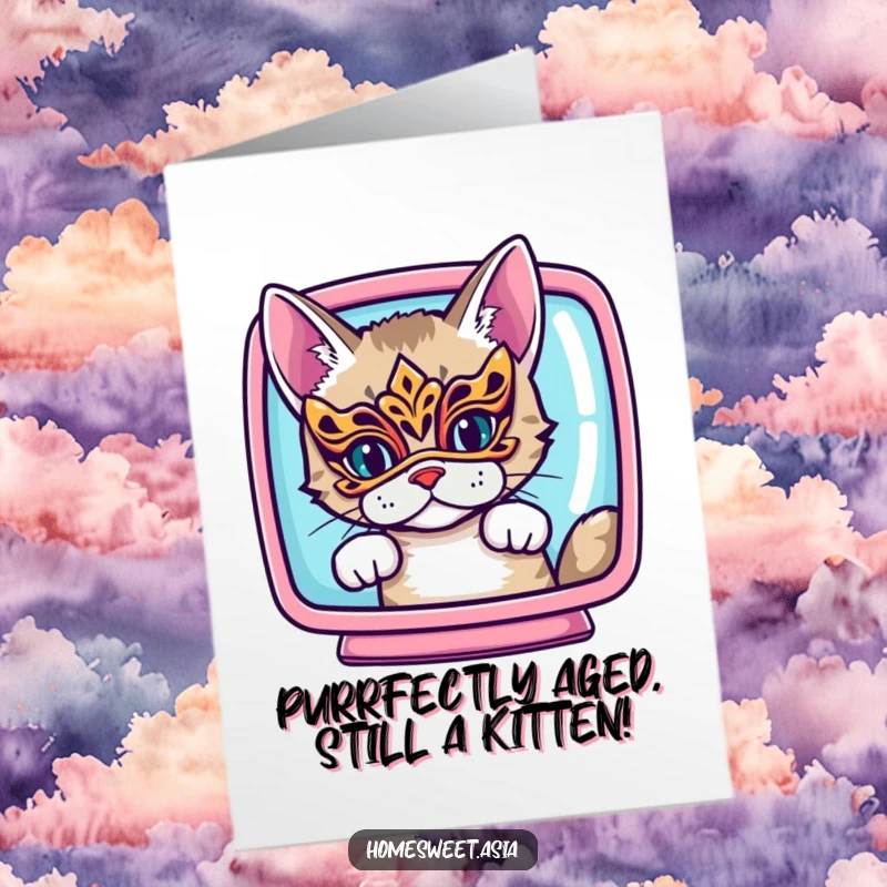 Funny Free Printable Birthday Card: A cat in an ornate mask peeking mischievously from behind a colorful screen.