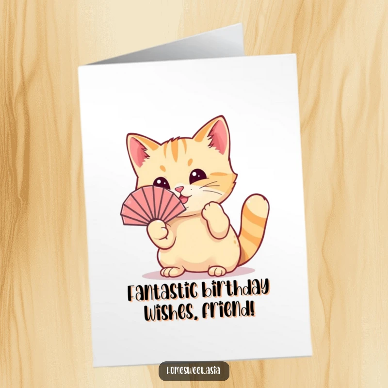 Funny Free Printable Birthday Card: A playful cat wearing a tiny fan waves it with its paw.