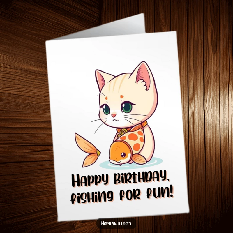 Funny Free Printable Birthday Card: A cat in a decorative collar watches a playful koi fish.