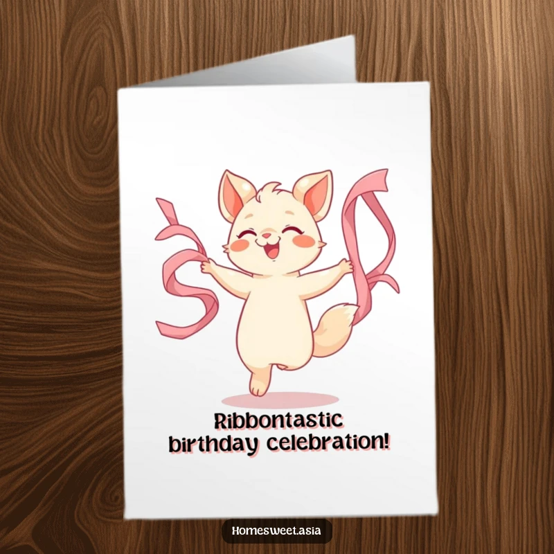 Funny Free Printable Birthday Card: an animal character joyfully dancing with colorful, flowing silk ribbons.