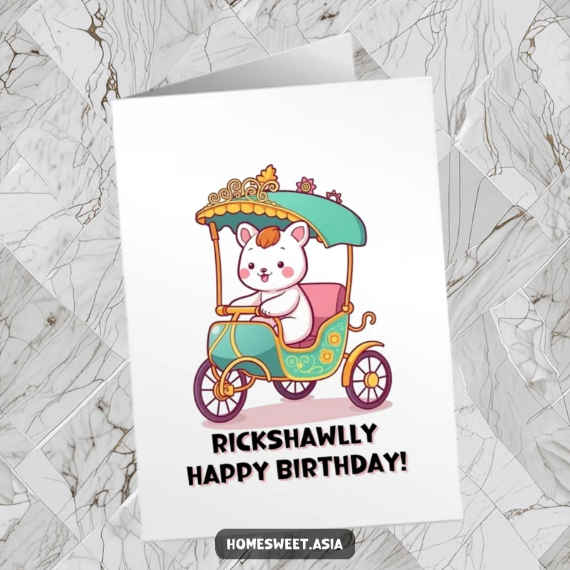 Funny Free Printable Birthday Card: a happy animal joyfully riding in an ornate rickshaw.