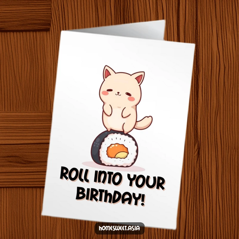 Funny Free Printable Birthday Card: Round animal gracefully balancing on a giant sushi roll, celebrating a special day.