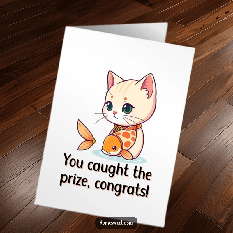 Funny Free Printable Congratulations Card: A cat wearing a decorative collar observing a playful koi fish.