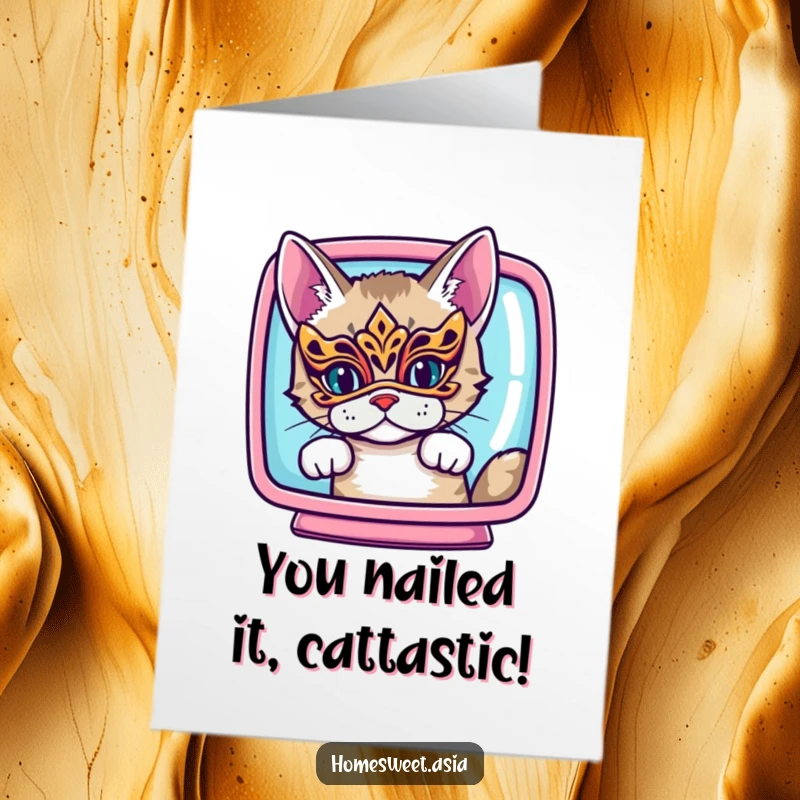 Funny Free Printable Congratulations Card: A cat wearing a fancy mask peeking out from a vibrant screen.