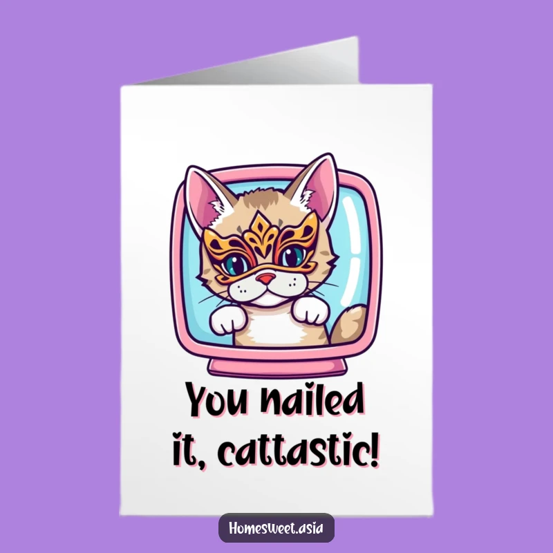 Free Printable Cat Card: Masked Peek Congratulations Downloadable Joy