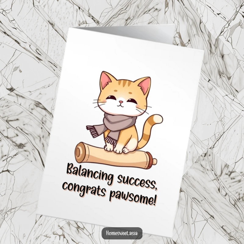 Funny Free Printable Congratulations Card: A cat wearing a tiny silk scarf balances perfectly on a curled scroll.
