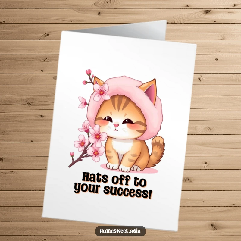 Funny Free Printable Congrats Card: Cat in a soft hat smelling a flower, unique and amusing downloadable greeting.