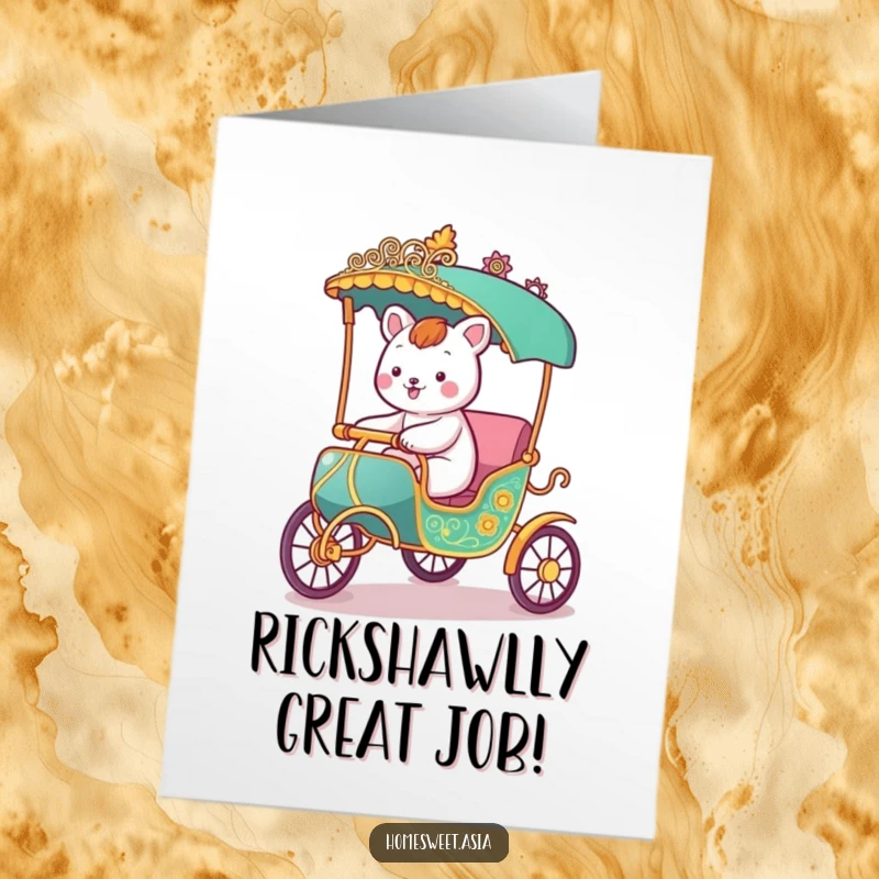 Funny Free Printable Congratulations card: a happy animal cruising in a stylized, ornate rickshaw.