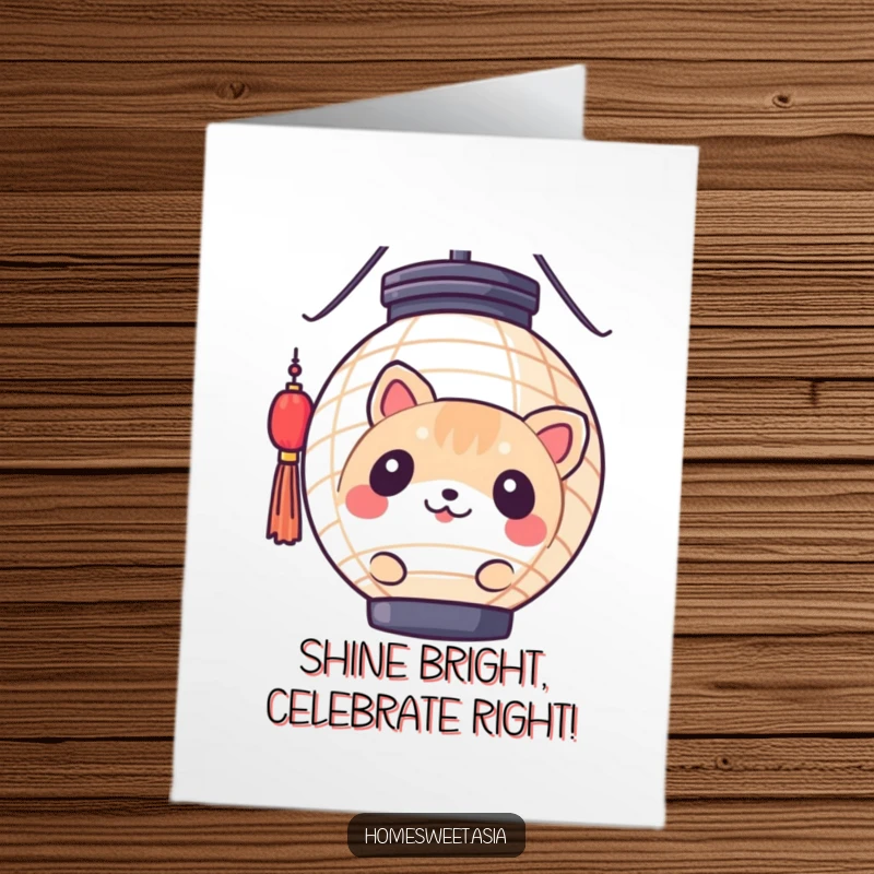 Funny Free Printable Congratulations Card: Curious round animal peeking behind a festive paper lantern, ideal for celebrating achievements.