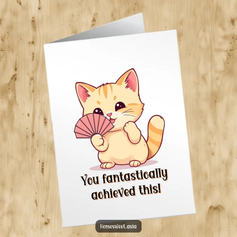 Funny Free Printable Congratulations Card: A cat playfully waving a tiny fan with its paw.
