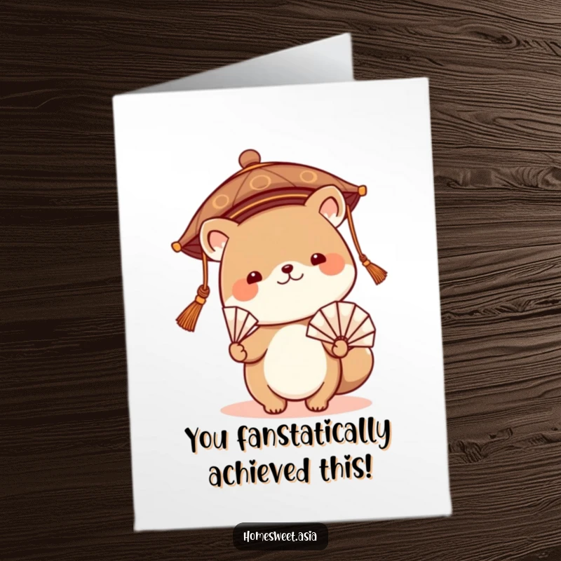 Funny Free Printable Congratulations card showing a cute animal in an Asian hat gracefully waving a fan.