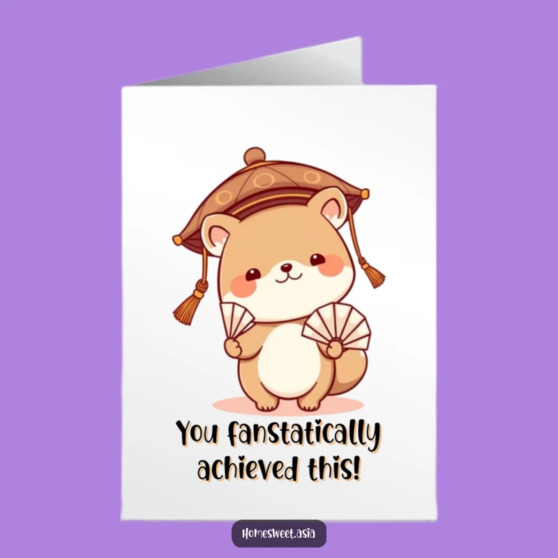 Free Printable Congratulations Card: Cute Asian Hat Animal Fan Waving Downloadable