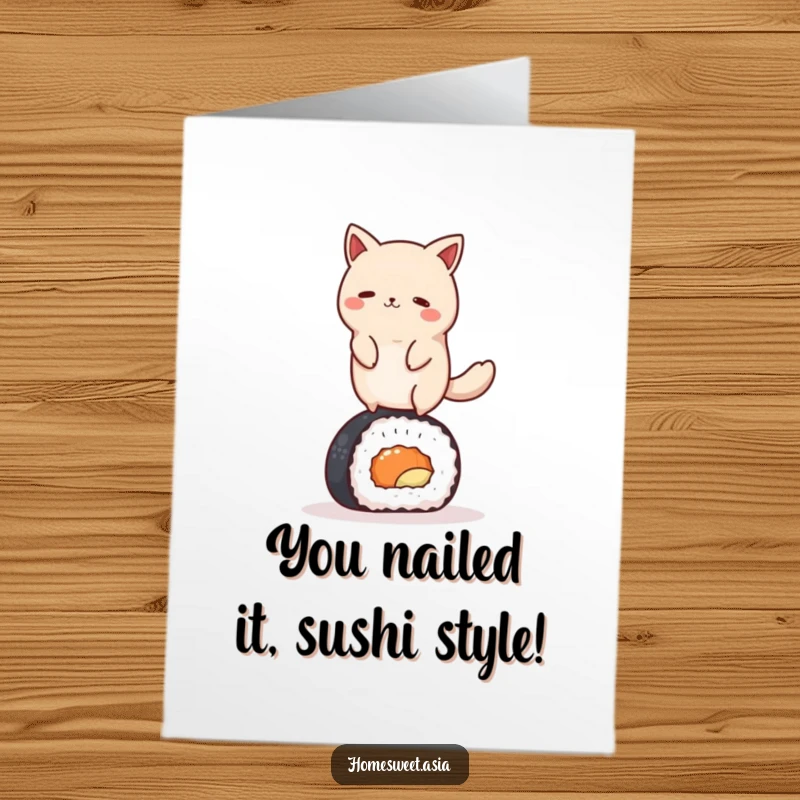 Funny Free Printable Congratulations Card: Round animal balancing expertly on a sushi roll, cheering for their success.