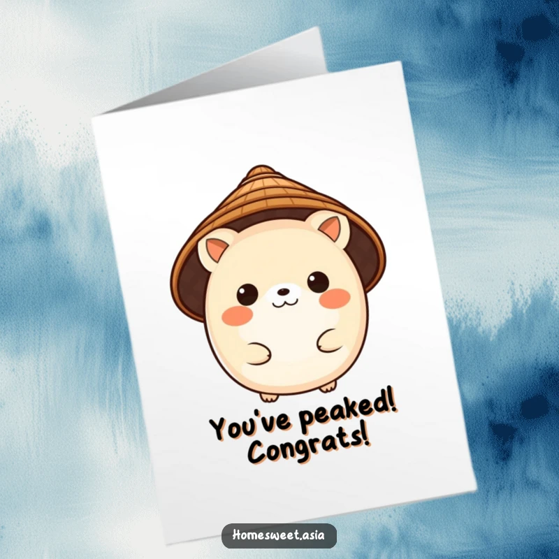 Funny Free Printable Congrats Card: A charming, round animal character in a traditional conical hat, celebrating success.