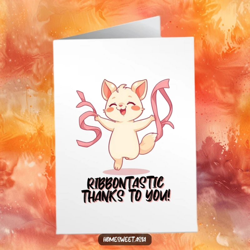 Funny Free Printable Thank You card: an animal character joyfully dancing with elegant silk ribbons.