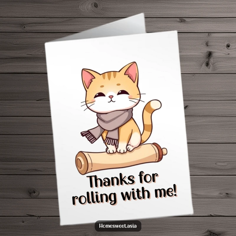 Funny Free Printable Thank You Card: A cat in a miniature silk scarf balancing gracefully on a curled scroll.