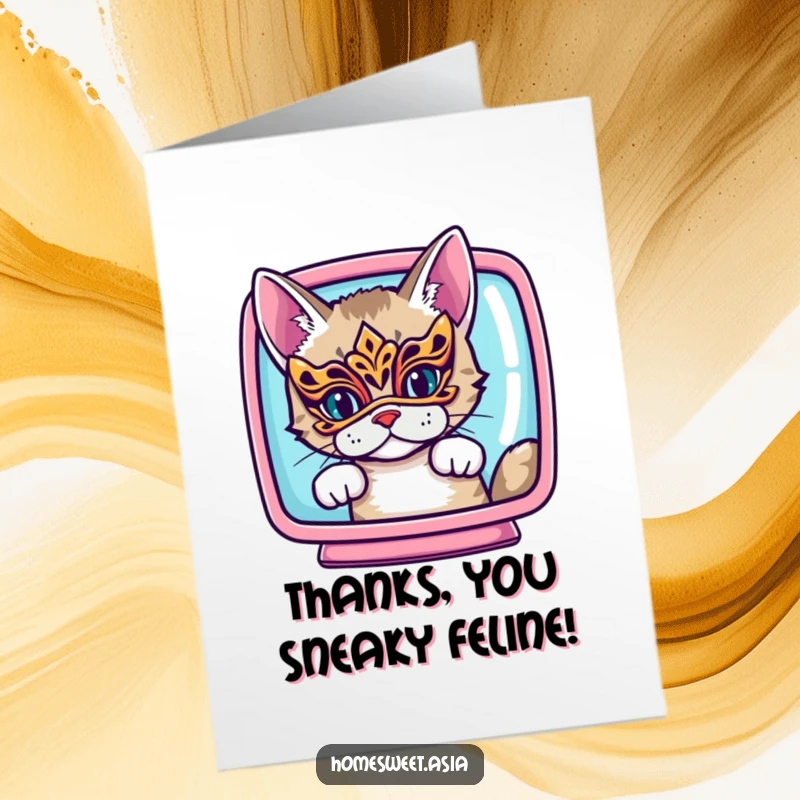 Funny Free Printable Thank You Card: A cat in a small ornate mask peeking from behind a bright screen.