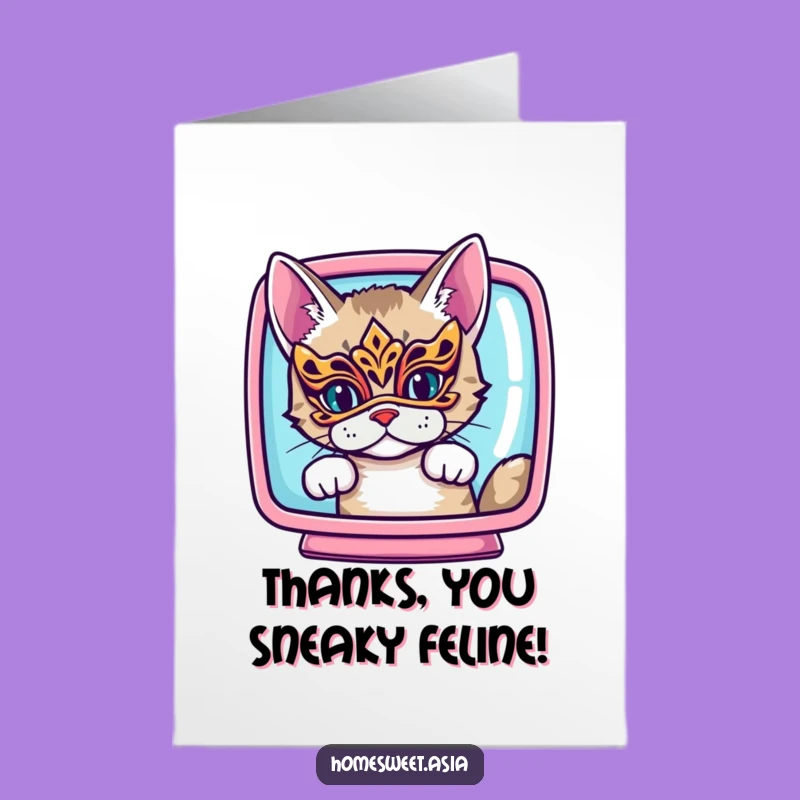 Free Printable Cat Thank You Card: Mysterious Mask Peek Downloadable Gratitude