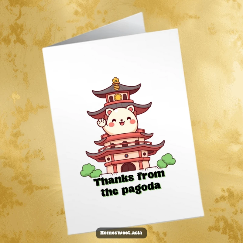 Funny Free Printable Thank You Card: A happy, round animal character waves from a pagoda, conveying thanks.