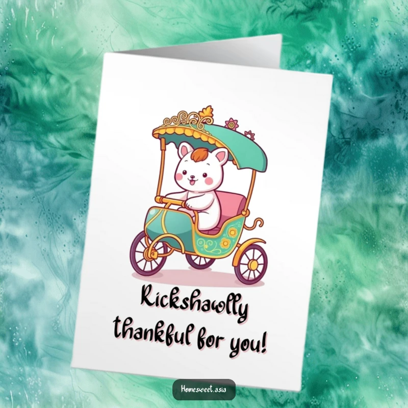 Funny Free Printable Thank You card: a happy animal riding in a decorated rickshaw with a grateful expression.