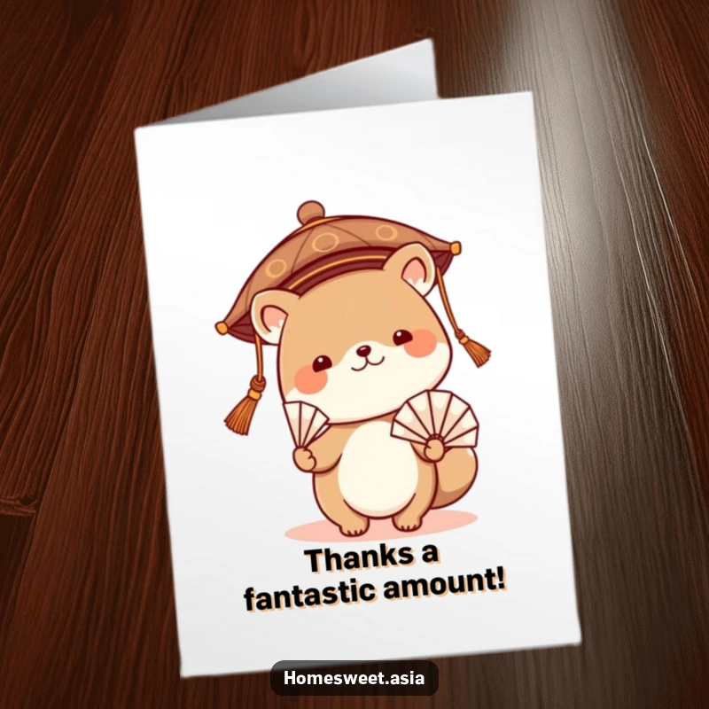 Funny Free Printable Thank You card with a cute animal in an Asian hat, waving a fan politely.