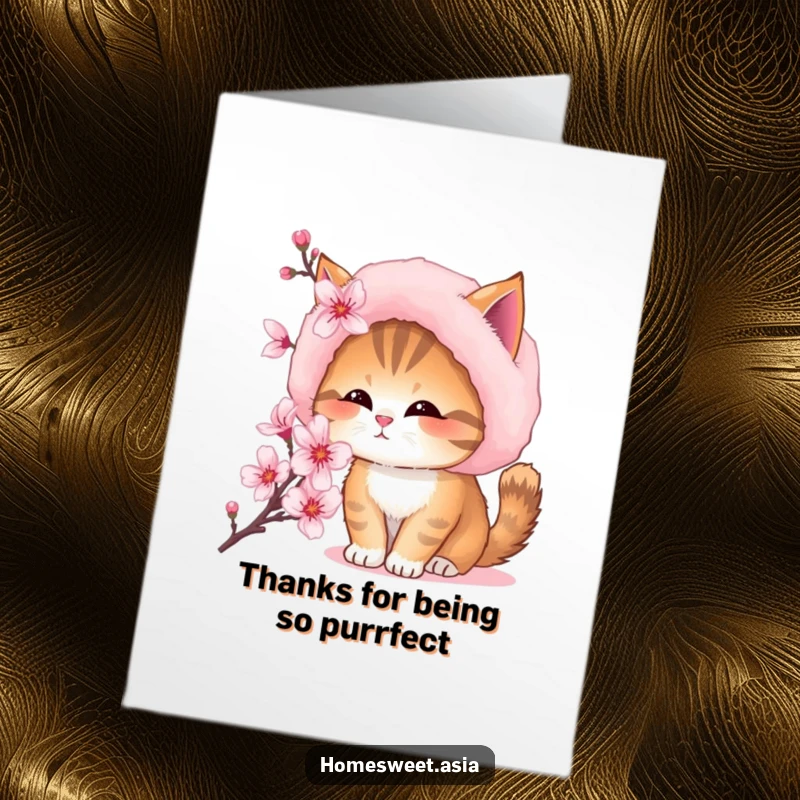 Funny Free Printable Thank You Card: Cat wearing a fuzzy hat sniffing a blossom, cute and customizable downloadable.