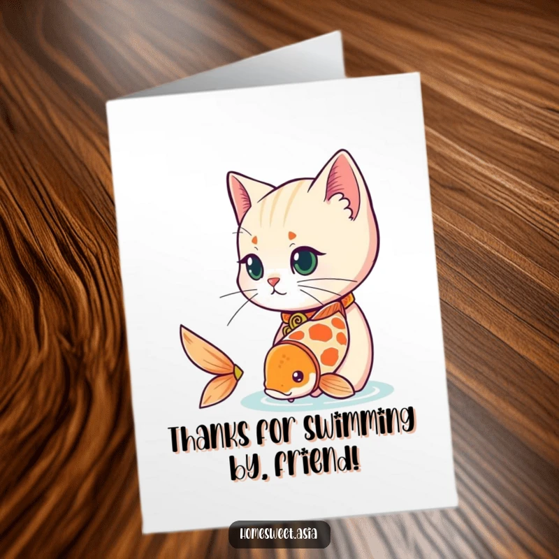 Funny Free Printable Thank You Card: A cat adorned in a decorative collar observes a playful koi fish.