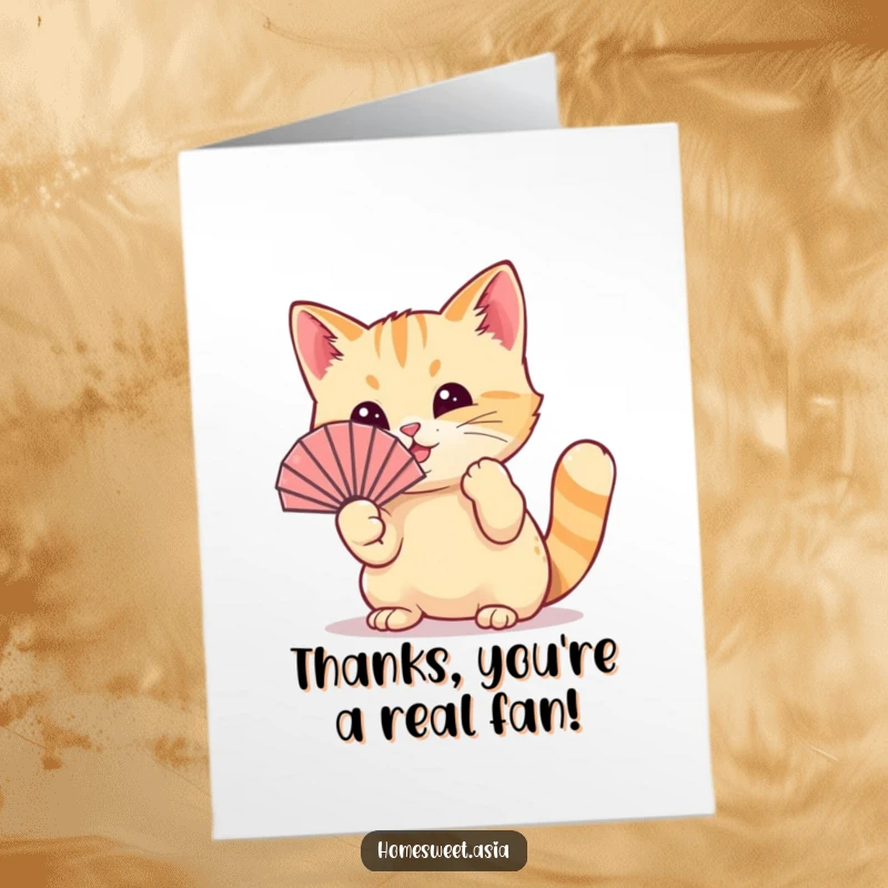 Funny Free Printable Thank You Card: A cat wearing a tiny fan playfully waves it with its paw.
