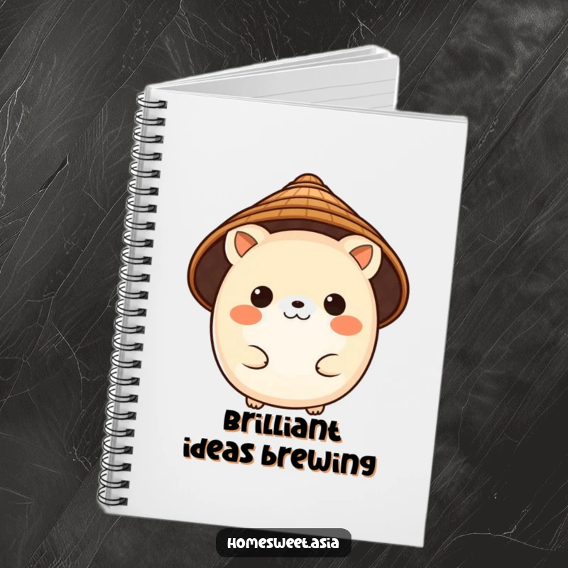 Funny notebook cover with a charming, round animal character wearing a traditional conical hat, perfect for jotting down inspired thoughts.