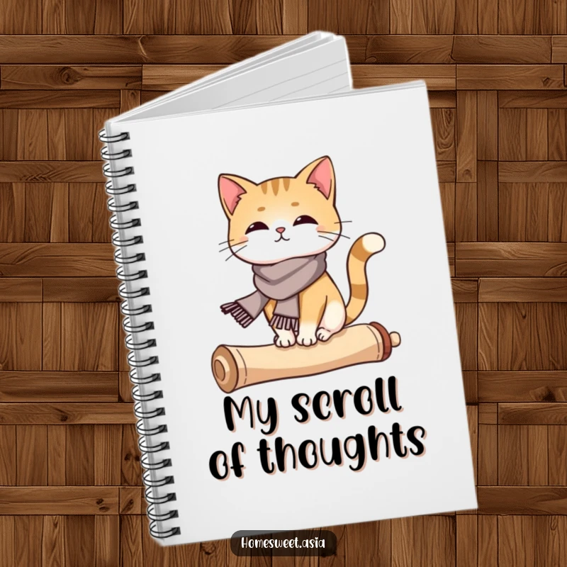 Funny cat wearing a silk scarf, balancing on a curled scroll, lined notebook, elegant cover, perfect funny gift.