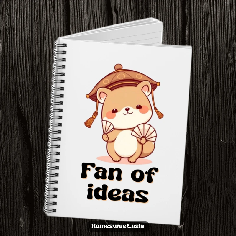Funny notebook with a cute animal character in a traditional Asian hat, waving a fan, designed for jotting down ideas with a smile.