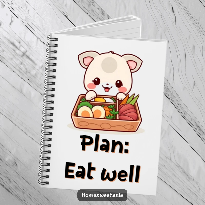 Funny notebook with a cheerful animal character poised to eat from a delicious bento box, designed for jotting down food ideas and plans.