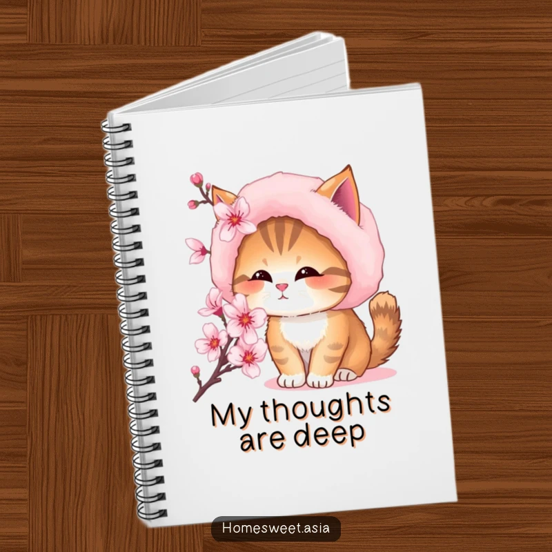 Funny notebook cover with a cat in a soft fur hat, sniffing a delicate cherry blossom, ideal for journaling.