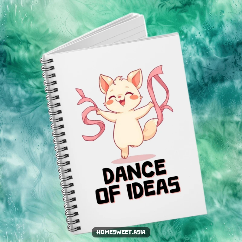 Funny notebook with an animal character dancing joyfully with flowing silk ribbons, designed for jotting down creative ideas and inspirations.
