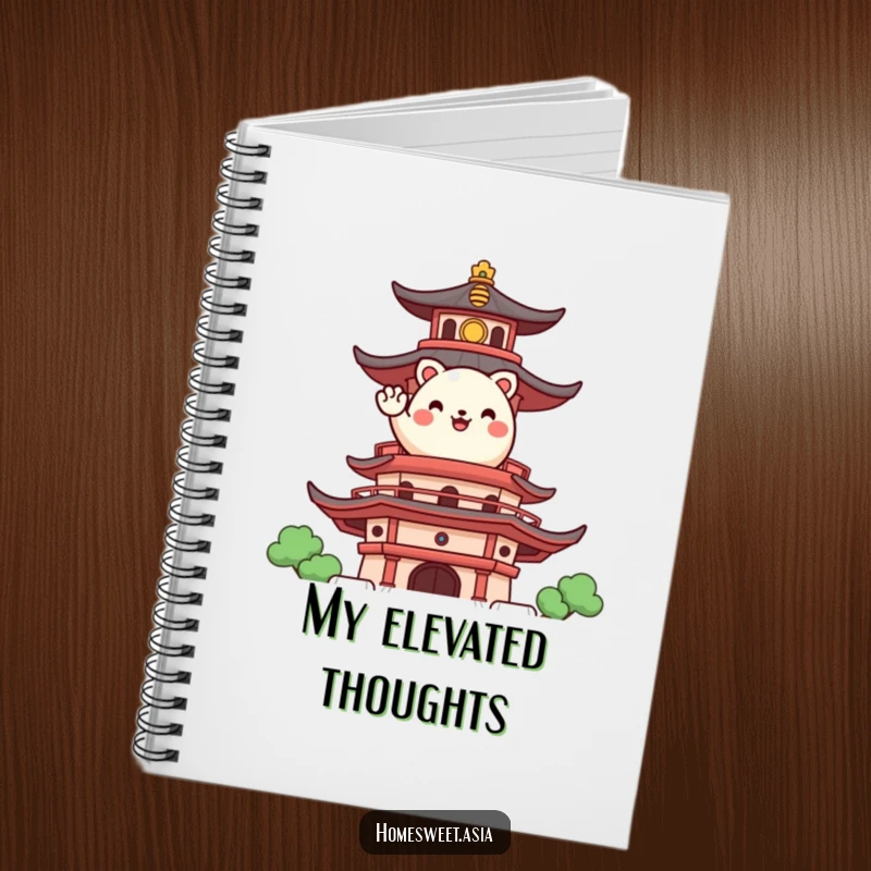 Funny notebook cover with a happy, round animal character waving from a stylized pagoda, perfect for jotting down joyful notes.