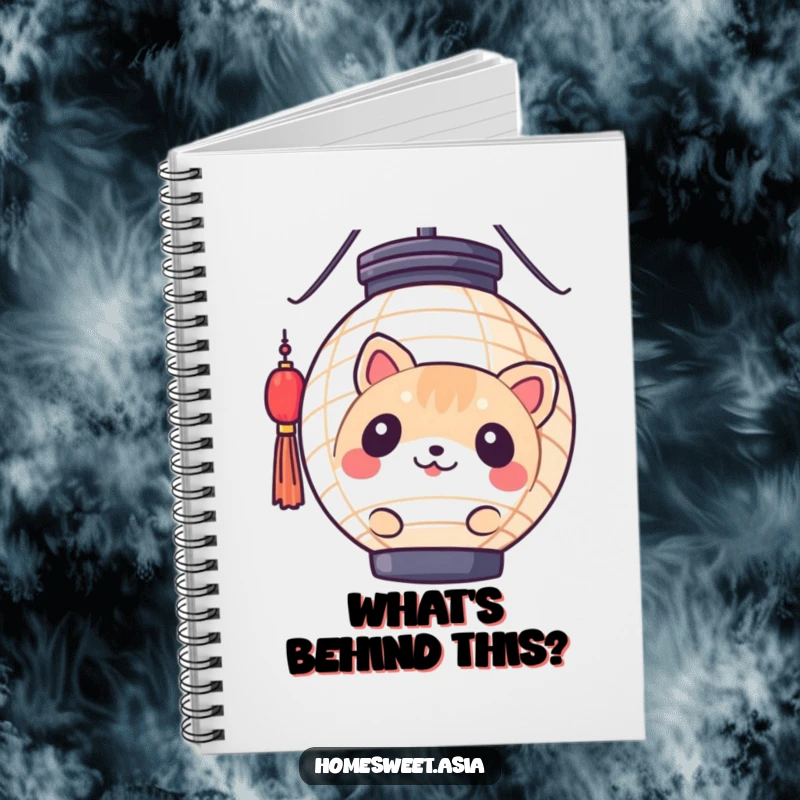 Funny round animal character peeking from behind a paper lantern on the cover of a lined notebook. Ideal for journaling and sketching.
