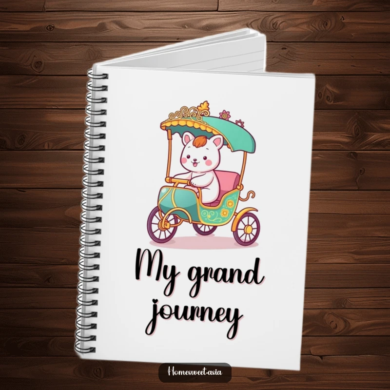 Funny notebook with a happy animal character riding in a stylized rickshaw, designed for jotting down travel ideas and plans with a smile.