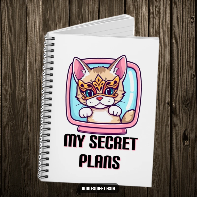 Funny cat wearing an ornate mask, peeking from behind a vibrant screen, lined notebook, intriguing design, perfect funny gift.