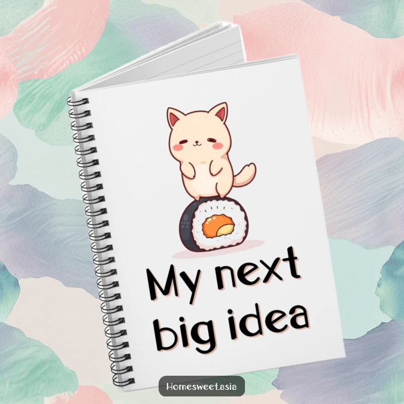 Funny round animal character gracefully balancing on a sushi roll on the cover of a lined notebook. Great for recipes and daily entries.